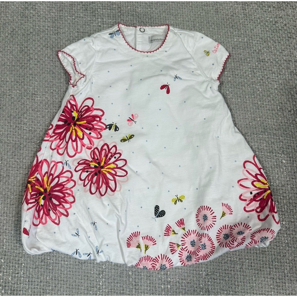 Catimini Dress Baby Girl 6 Months White Floral Bubble Hem Cotton